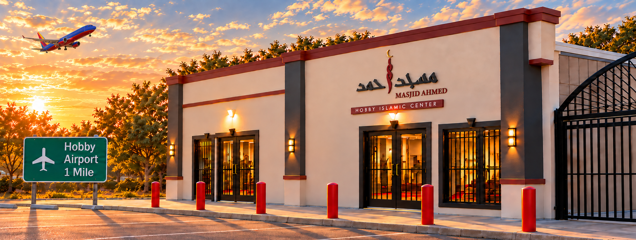 Full view of Masjid Ahmed near Hobby Airport, with its entrance sign and Hobby Airport one-mile sign
